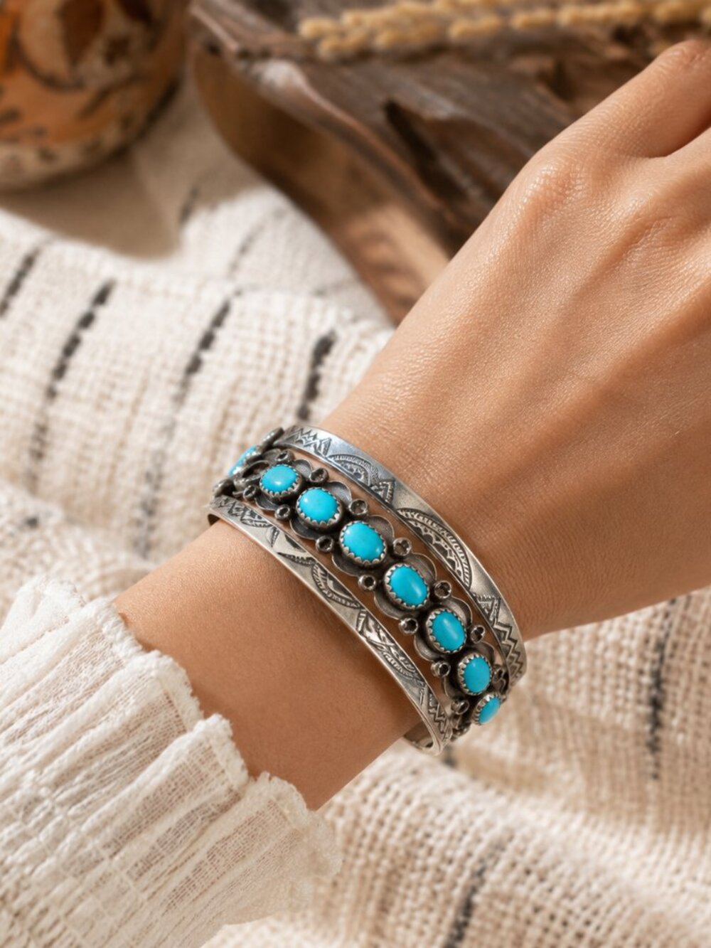 Vintage Fred Harvey Turquoise Cuff Bracelet Nickel Silver Native American